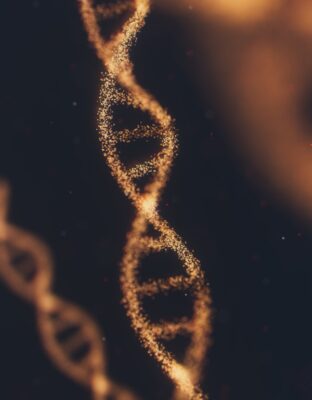 représentation d'un test ADN. Double hélice jaune sur fond noir